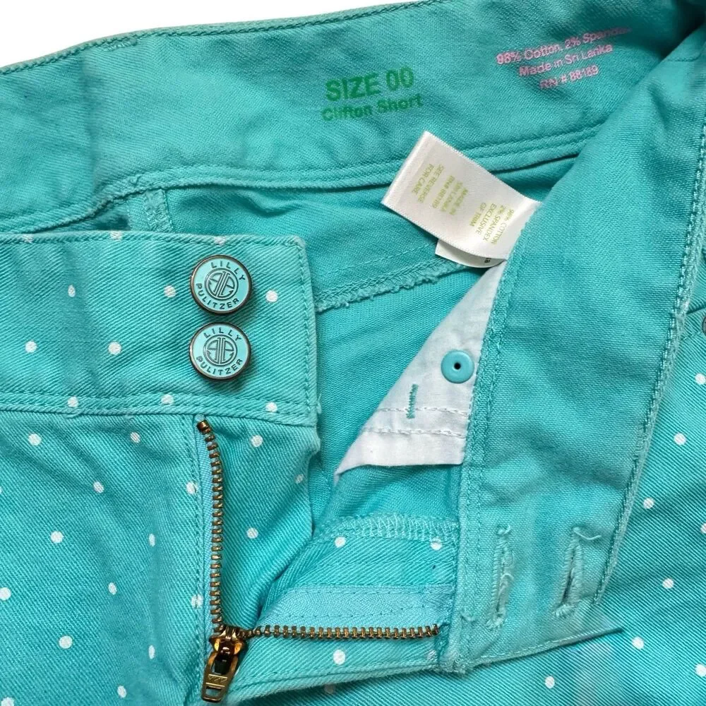 Lilly Pulitzer Clifton Shorts Sz 00 Aqua with White Polka Dots 2 Button Closure